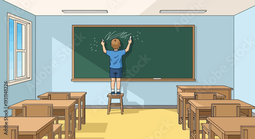 Teacher Writing on Blackboard in Classroom.