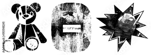 Distressed teddy bear stencil, vintage speech bubble, halftone explosion graphic, vector, retro design, black and white, gritty texture.