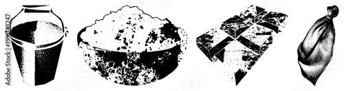 halftone illustrations of construction materials bucket with handle, gravel pile, brick stack, sack tied. Classic vector art style for industrial or DIY projects.