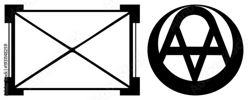 Two black rectangular envelope with diagonal closure, circular ankh symbol with, flat design, isolated vector graphics, symbolic communication and ancient Egyptian motif.