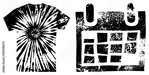 Black and white vector tie dye t shirt with spiral, grungy calendar graphic, distressed textures, graphic design elements, apparel and scheduling symbols.