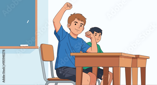 Two Boys Sitting at School Desk.