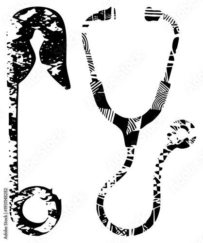 Black and white medical symbols, stethoscope and scalpel, healthcare, medical tools, clinical, vector graphics, isolated design.