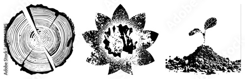 Stylized tree section, handprint within frame, sprouting plant, eco symbols, nature motifs, minimalist design.