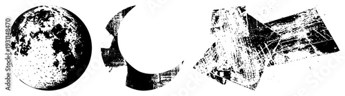 Fragmented halftone textures forming circular,, and angular shapes, distressed graphic design elements, vector art with gritty aesthetic.