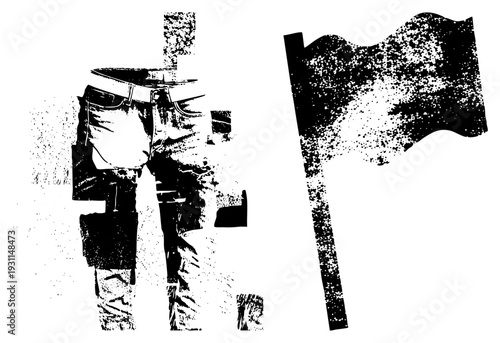 Black and white halftone vector illustration of denim pants and waving flag, graphic design elements, isolated foreground, punk or protest aesthetic, urban street art vibe.
