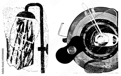 Antique oil lantern with textured glass and metal frame, vintage turntable with stylus and concentric grooves, retro equipment, halftone print style, illustration.