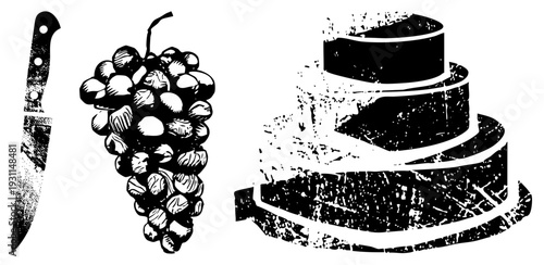 vector featuring a kitchen knife, bunch of grapes, and tiered cake with halftone texture, ideal for culinary or graphic design projects.