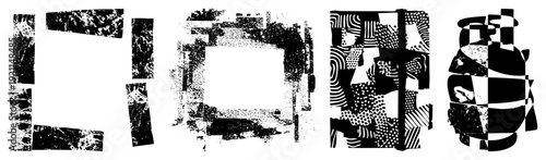Fragmented black and white graphic composition, halftone textures, vector cutouts, abstract forms, isolated design elements, stylized, digital art piece.