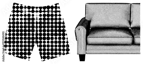 Vector illustration of shorts with circular dot and sofa with halftone texture, minimalist black and white graphic, modern abstract furniture and apparel design.