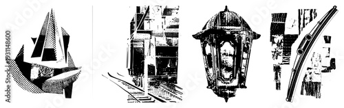 Modern art sculpture composed of angular planes, halftone shading, tones, abstract forms, graphic design element, vector illustration, architectural fragment.