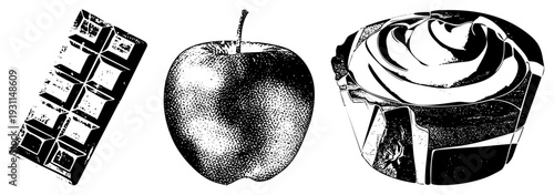 Black and white halftone illustrations of chocolate bar,, and cupcake, stylized vector graphics, food, isolated desserts, sweet treats, minimalist design.