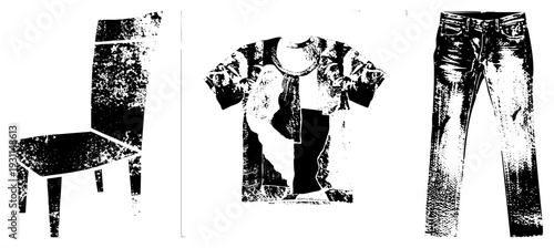 Black and white halftone vector set featuring chair, graphic tee, and jeans, isolated apparel and furniture silhouettes, urban streetwear style, distressed textures, design.
