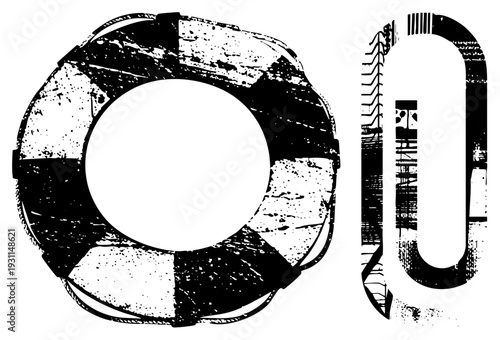 Weathered life preserver and anchor rendered in distressed halftone style, nautical safety symbols, maritime rescue gear, vector art with texture.