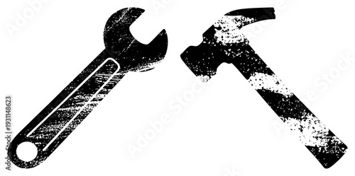 Industrial wrench and hammer, gritty texture, mechanical tools, DIY repair symbols, black and white vector graphics, workshop essentials.