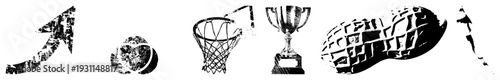 symbols of athletic achievement, including trophy, basketball, hoop, sneaker tread, upward arrow, halftone style, isolated vector graphics.