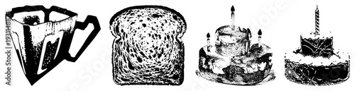 Classic coffee mug, sliced bread, celebratory cakes with candles, halftone vector art, food, breakfast and party elements.