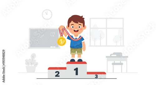 Young Boy Standing on Podium with Medal.