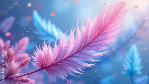 A Delicate Pink Feather Floats Amidst a Dreamlike Blue and Pink Floral Scene, Illuminated by Soft, Gentle Light