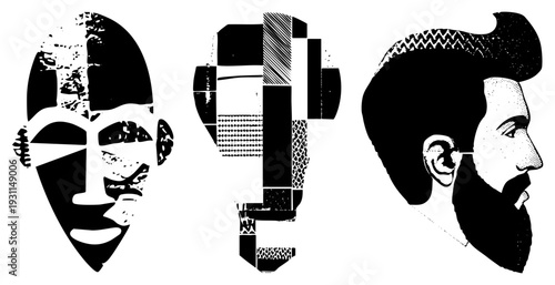 Stylized human profiles with fragmented, graphic art, halftone textures, vector silhouette, modern design, pop art influence, isolated cutout.