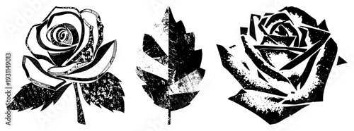 Artistic vector illustrations of roses and leaves in varied graphic styles detailed, halftone textures, and geometric fragmentation. Ideal for print, digital, or tattoo designs.