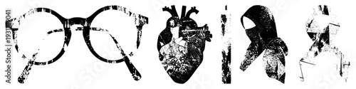 Distressed vector symbols eyeglasses, anatomical heart, hijab, awareness ribbon., textured, graphic design elements for health, vision, or solidarity themes.