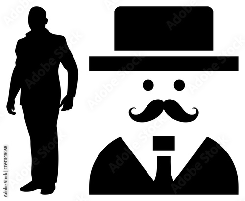 Black silhouette of a man in formal attire, top hat and handlebar mustache, stylized vector, isolated graphic, vintage gentleman, formal portrait, classic figure.