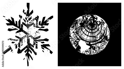 Stylized snowflake with fragmented shapes, abstract globe with radial, black and white vector art, isolated graphic elements, halftone texture overlay.