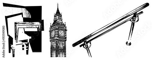 Stylized chair in geometric abstraction, clock tower, parallel bars for gymnastics, vector art, urban and fitness themes.