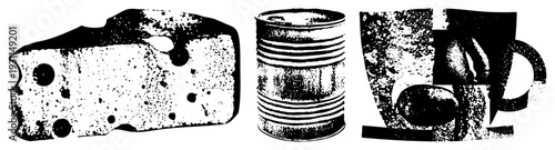 Halftone stylized cheese with holes, tin can with ridges, coffee mug with beans, vector graphic,, retro food, isolated objects.