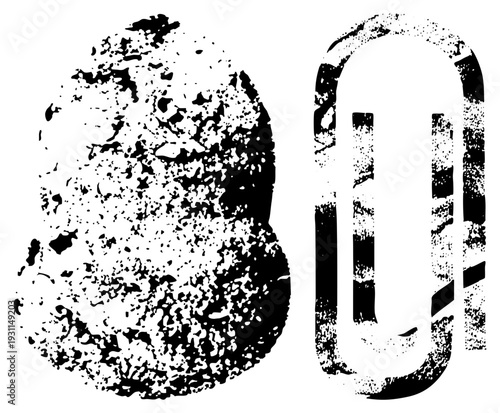 Distressed fingerprint and paperclip vector graphics, stencil art, design, gritty texture, isolated cutout, halftone effect, design element.