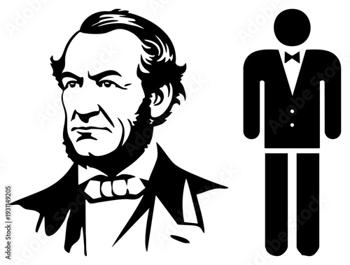 Presidential portrait of Abraham in formal attire, paired with minimalist tuxedo, black and white vector, historical figure, political leader, symbolic representation.