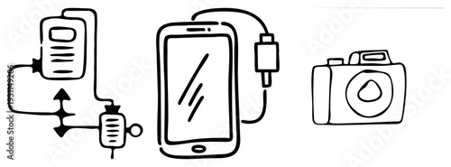 Sketch style vector illustration of phone charging, camera, and power adapter, minimalist tech doodle, digital device, flat art.