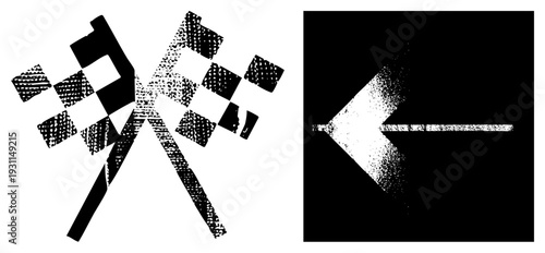 checkered racing flag with halftone texture, left pointing arrow with grainy white fill, vector for motorsport and navigation, isolated graphic elements.