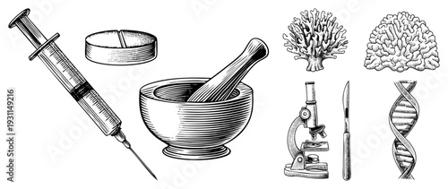 Vintage engraving style scientific tools & biological symbols syringe, pill, mortar,, brain, microscope, scalpel, DNA ideal for healthcare/education.