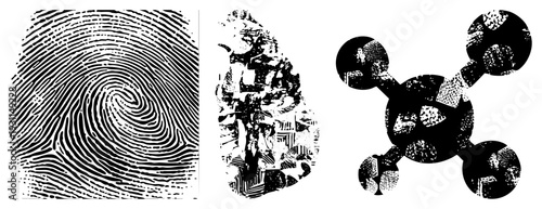 Black and white halftone vector art with fingerprint ridges, fragmented cityscape, and stylized molecule. Graphic design elements with texture and isolated shapes.