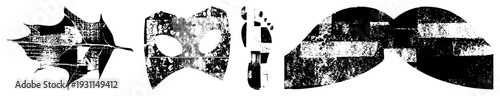 Distressed black and white vector shapes with grunge texture, stylized leaf, mask, footprint, and blob forms, isolated graphic elements for design.