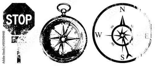 Worn stop sign, compass rose, directional, retro navigation tools, distressed graphic elements, directional signage, outdoor exploration gear.