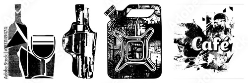 Graphic representation of wine bottle and glass, halftone, minimalist art, beverage, vector silhouette, bar decor, alcohol symbol.