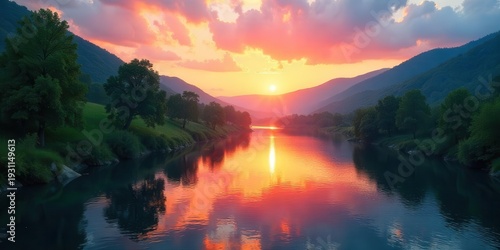 Serene Sunset Over a River Valley with Lush Greenery and Majestic Mountains Reflecting in the Calm Waters