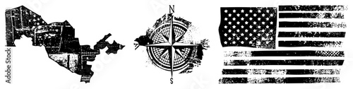Worn map silhouette, distressed compass rose, tattered American flag, vector set, grunge aesthetic, isolated, historical navigation symbols.
