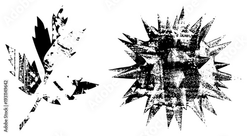 Grunge style leaf silhouette and ball, halftone texture, vector graphic, isolated design elements, stencil effect, graphic art, design asset.