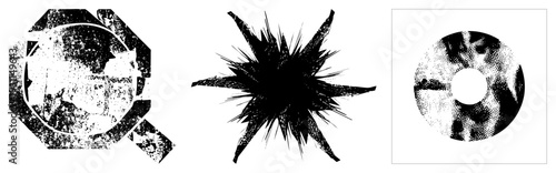 Distressed geometric shapes, spiky starburst forms, circular halftone textures, vector graphics, stylized abstract art elements.