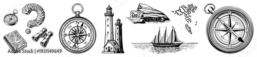 Compasses, binoculars, lighthouse, sailing ship, map fragments, ’s book, nautical adventure, classic travel gear.