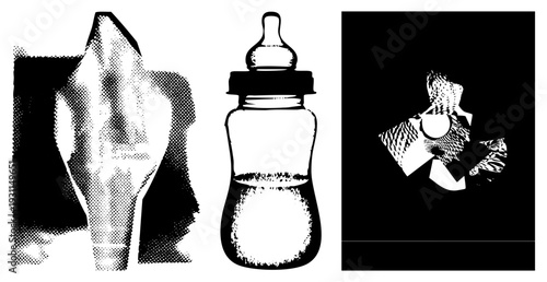 Stylized baby bottle with nipple, halftone pacifier, infant feeding gear, vector art, graphic design elements.