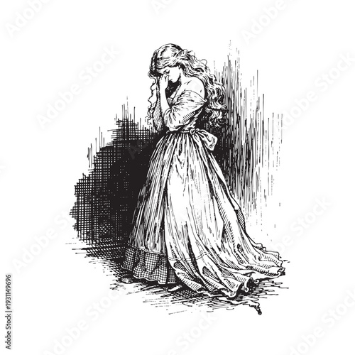 Crying Maiden in Victorian Gown Engraving with Crosshatch Shading