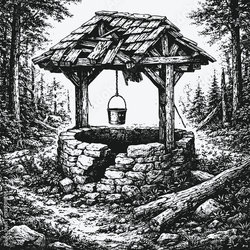 Medieval Wishing Well Engraving with Wooden Roof in Wilderness Landscape