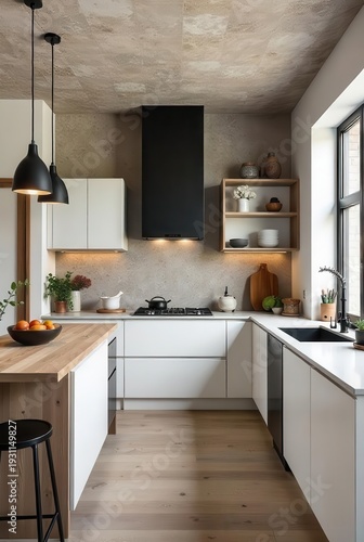 Modern minimalist kitchen design featuring sleek white cabinetry, a dark range hood, and light wood island