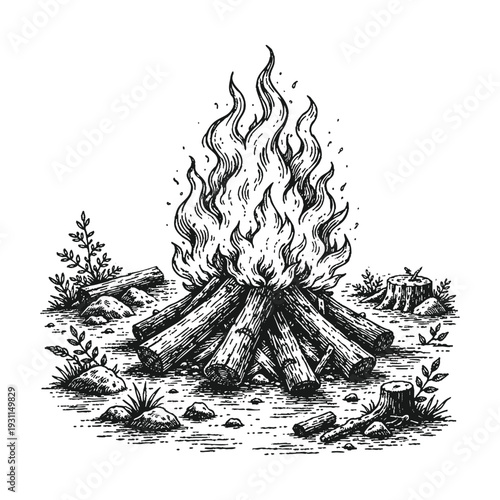 Roaring Bonfire with Log Woodpile Engraving for Outdoor and Camping Decor