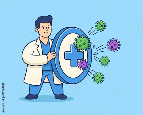 Doctor holding a shield with a cross protecting against viruses and germs.